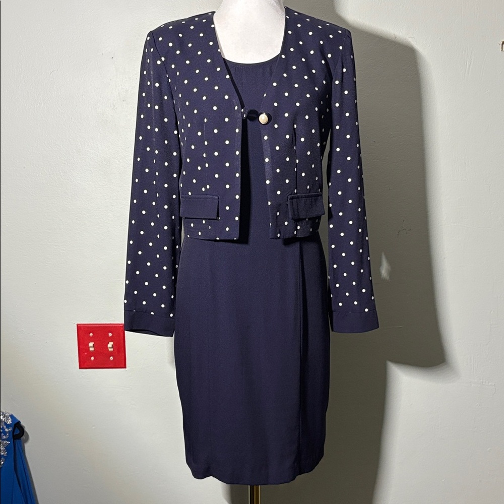 Vintage bestys things navy and white Polka Dot Dress and Jacket Set 8